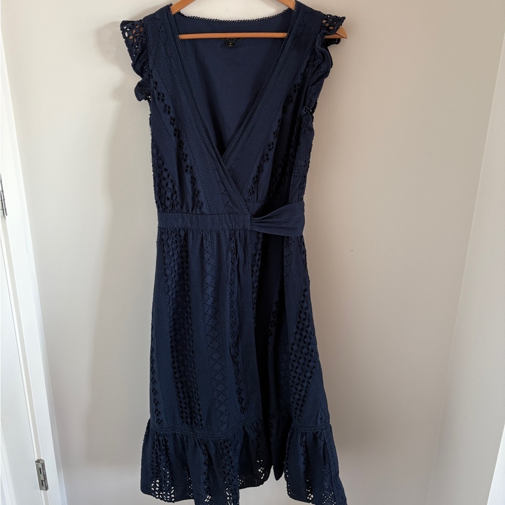 J. Crew Navy Blue All Over Eyelet Ruffle Midi Wrap Dress 100% cotton Size 8
